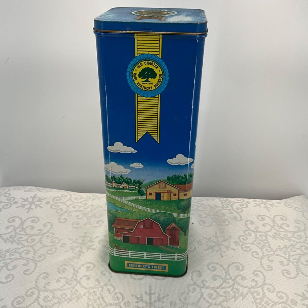 Old Charter Kentucky Bourbon Collectible Tin‎ Container With Farmhouse Scene